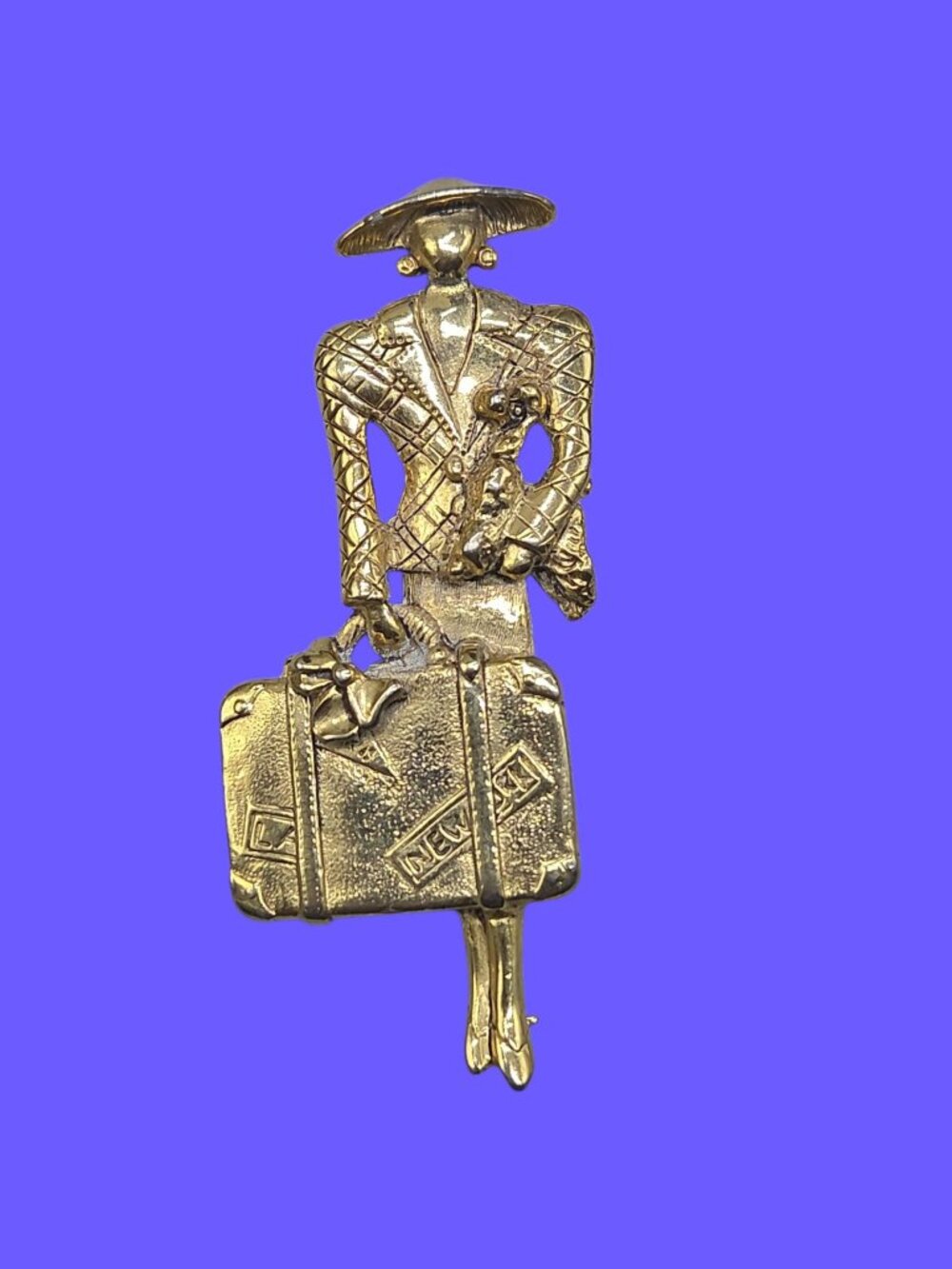 Vintage Jet-Set Traveler Figural Brooch Gold Tone Tall Lady w/Suitcase Art Deco - Picture 2 of 5